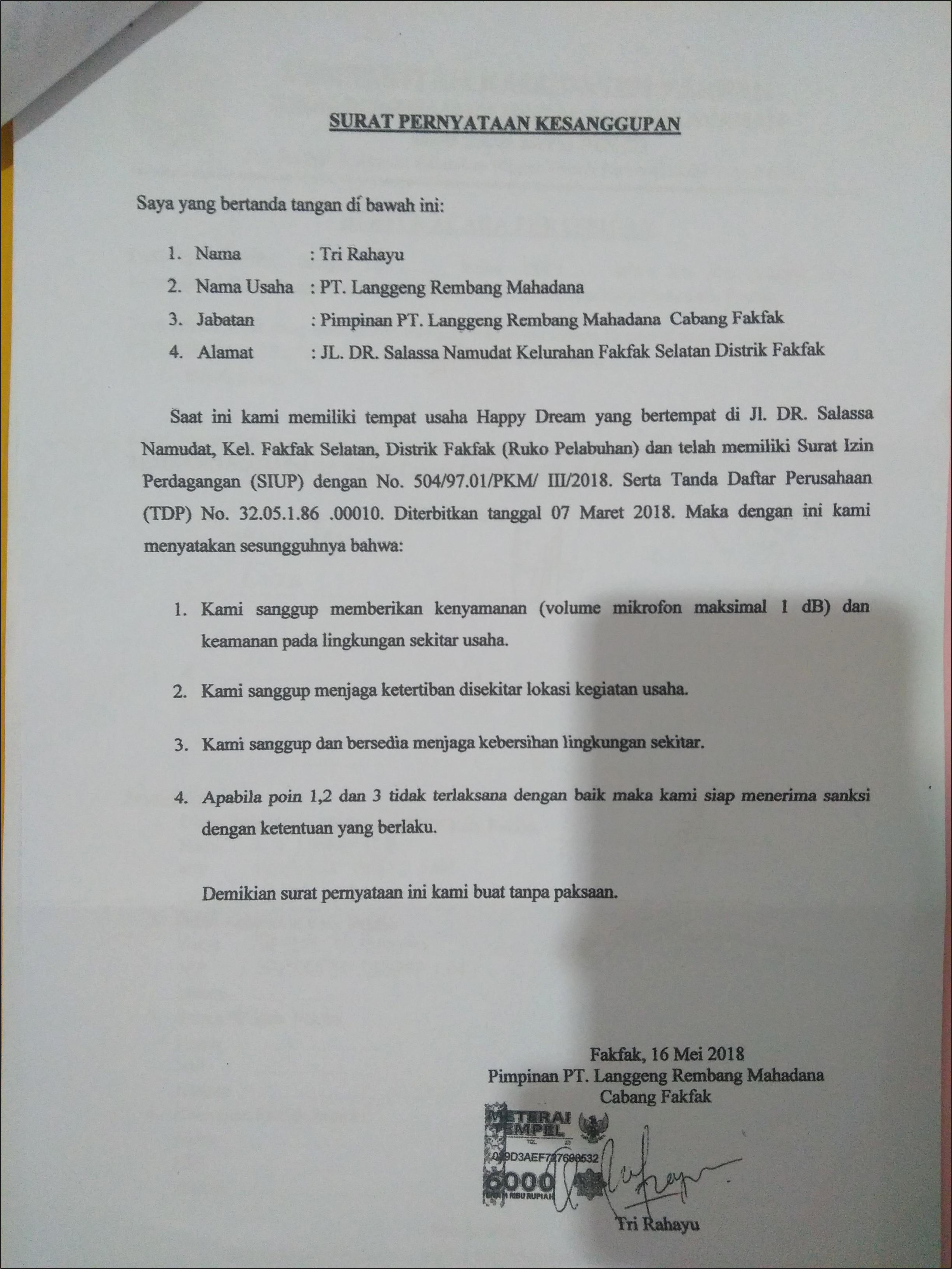 Contoh Surat Pernyataan Keterangan Usaha