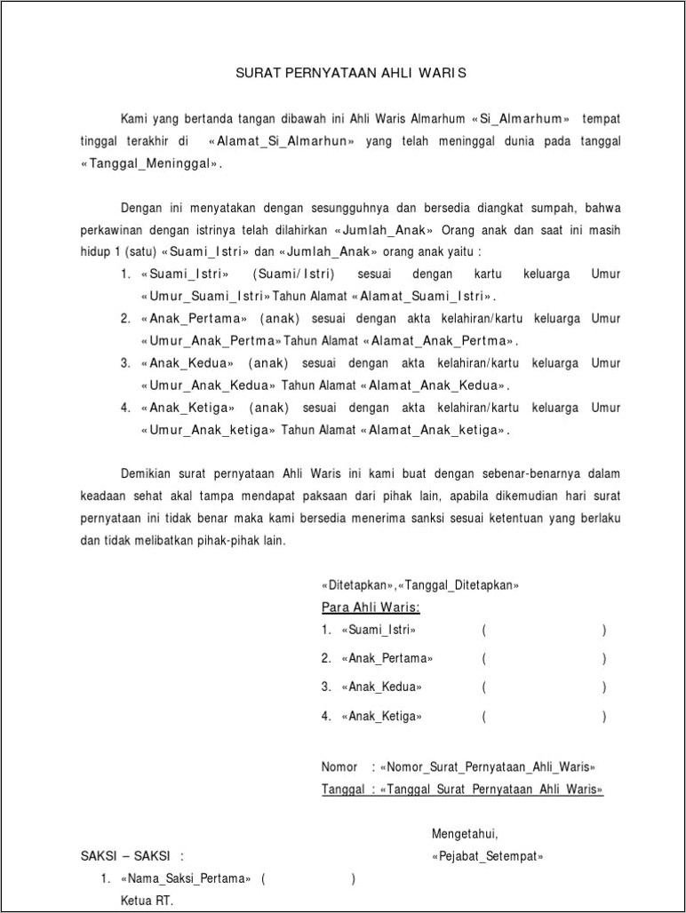 Contoh Surat Pernyataan Keterangan Waris