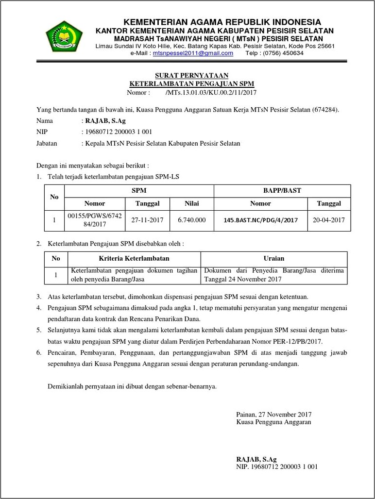 Contoh Surat Pernyataan Keterlambatan Daftar Kontrak