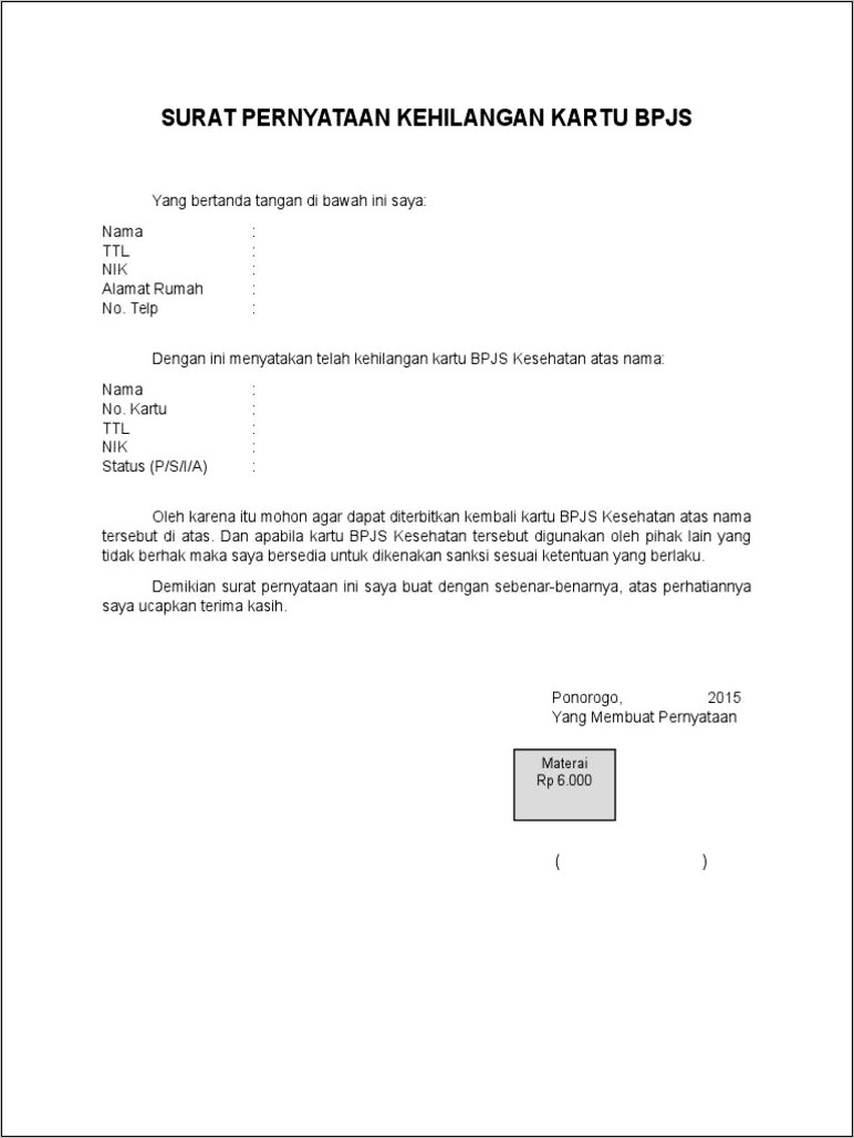 Contoh Surat Pernyataan Ketidak Ikut Sertaan Bpjs Ketenagakerjaan