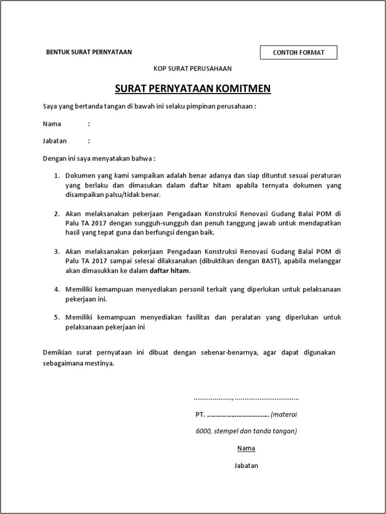 Contoh Surat Pernyataan Komitmen K3lh