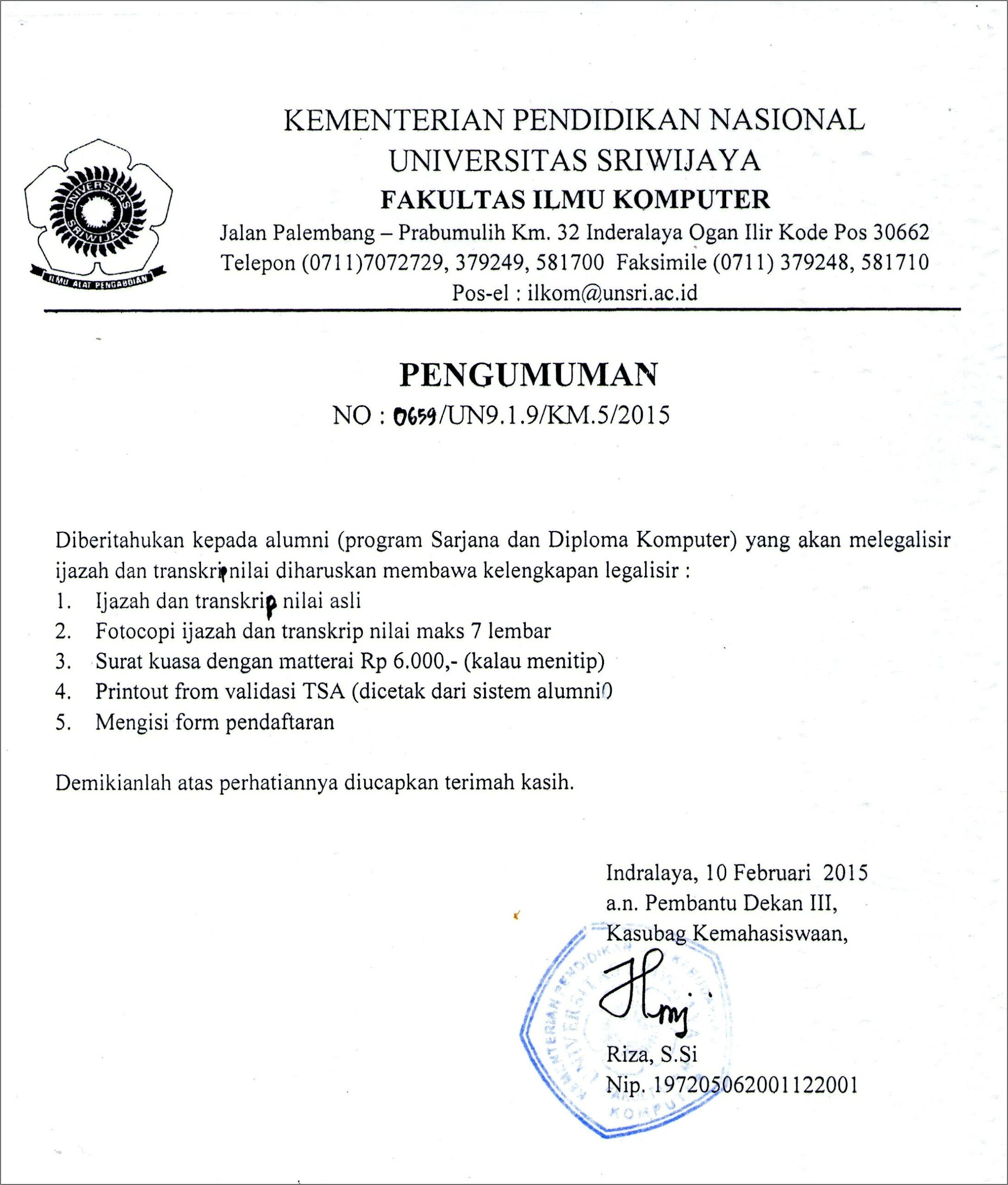 Contoh Surat Pernyataan Lulus Alumni Kesmas Universitas Halu Oleo