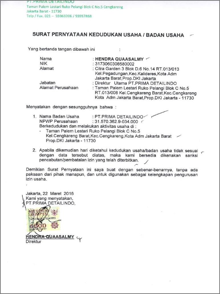 Contoh Surat Pernyataan Mendirikan Usaha Erusahaan