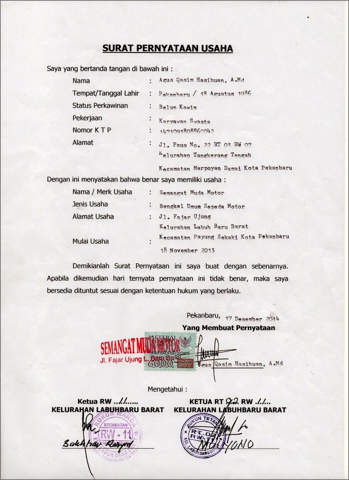 Contoh Surat Pernyataan Mengetahui Ketua Rt