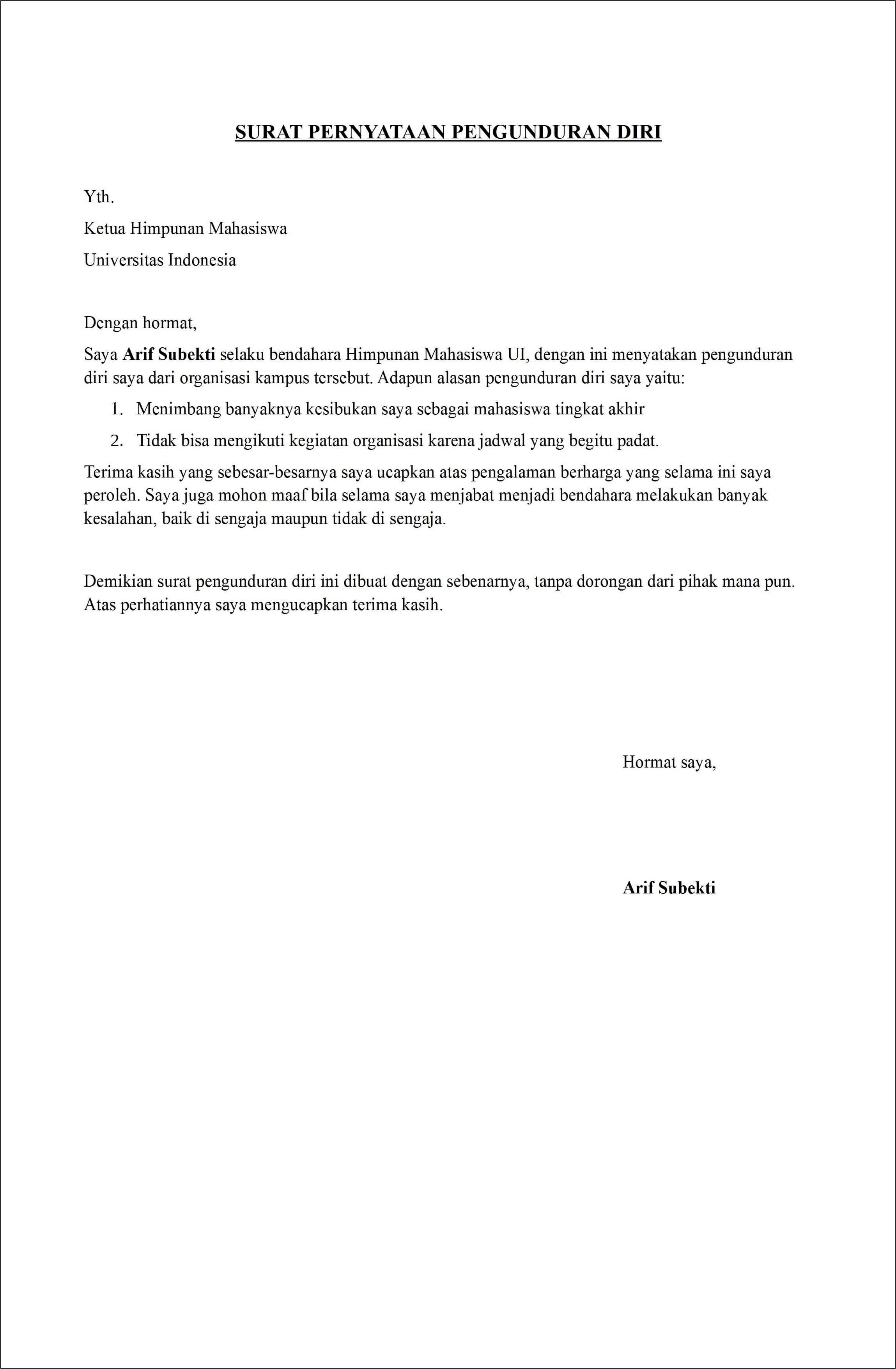 Contoh Surat Pernyataan Mengundurkan Diri Menjadi Rt