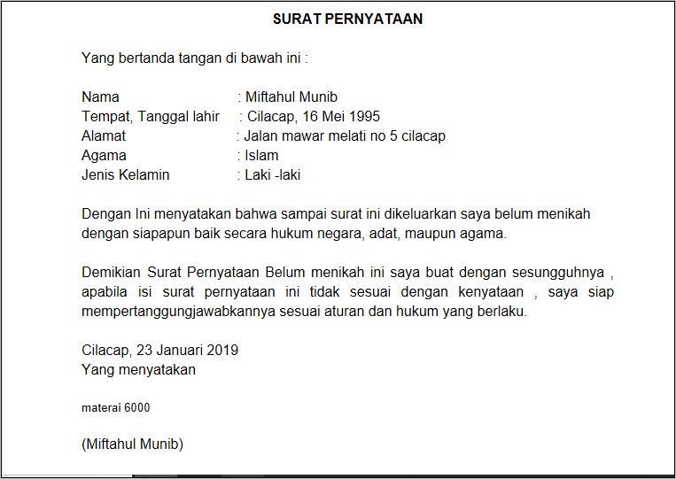 Contoh Surat Pernyataan Menikah