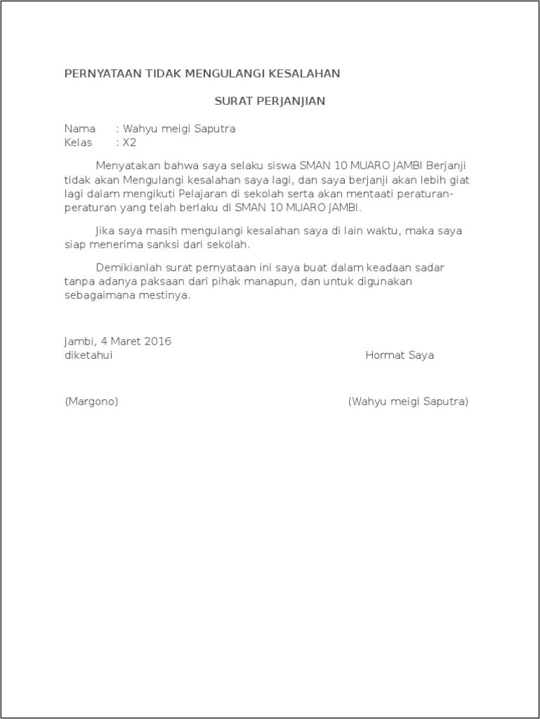 Contoh Surat Pernyataan Menyesal