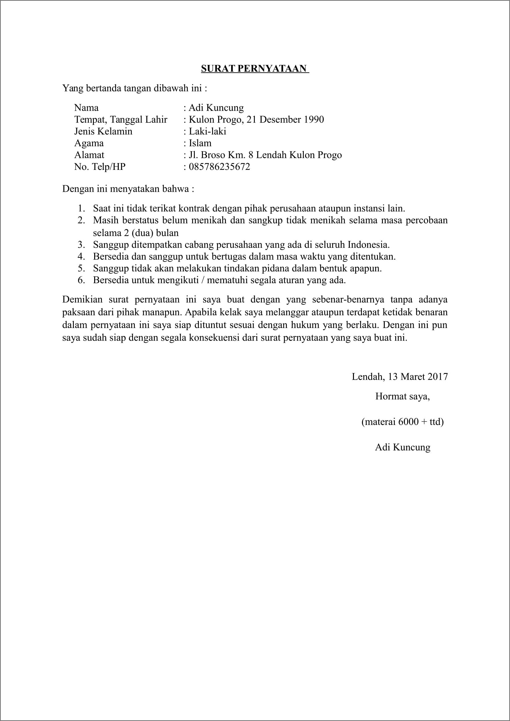 Contoh Surat Pernyataan Pada Perusahaan