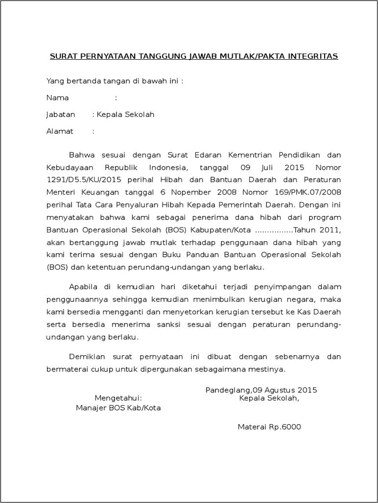 Contoh Surat Pernyataan Pakta Integritas Bermaterai