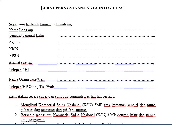Contoh Surat Pernyataan Pakta Integritas Calon Rw