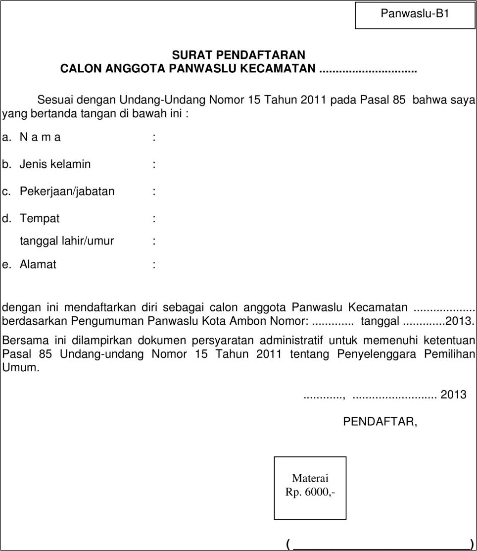 Contoh Surat Pernyataan Panwascam Cicantayan Sukabumi