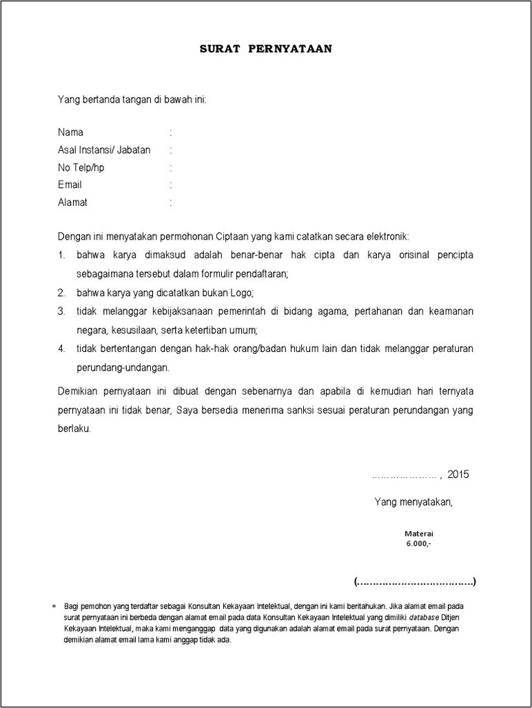 Contoh Surat Pernyataan Panyoet