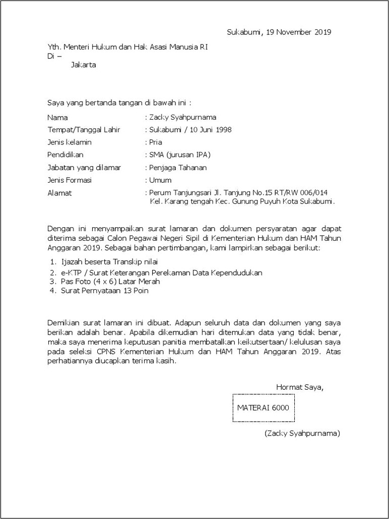 Contoh Surat Pernyataan Pegawai Negeri Sipil Kementerian Hukum Dan Ham