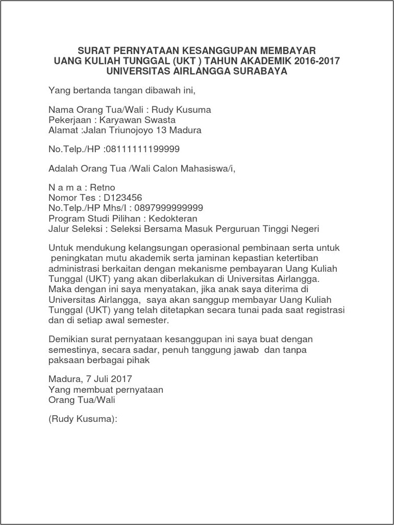 Contoh Surat Pernyataan Pembayarn Uang Ujian