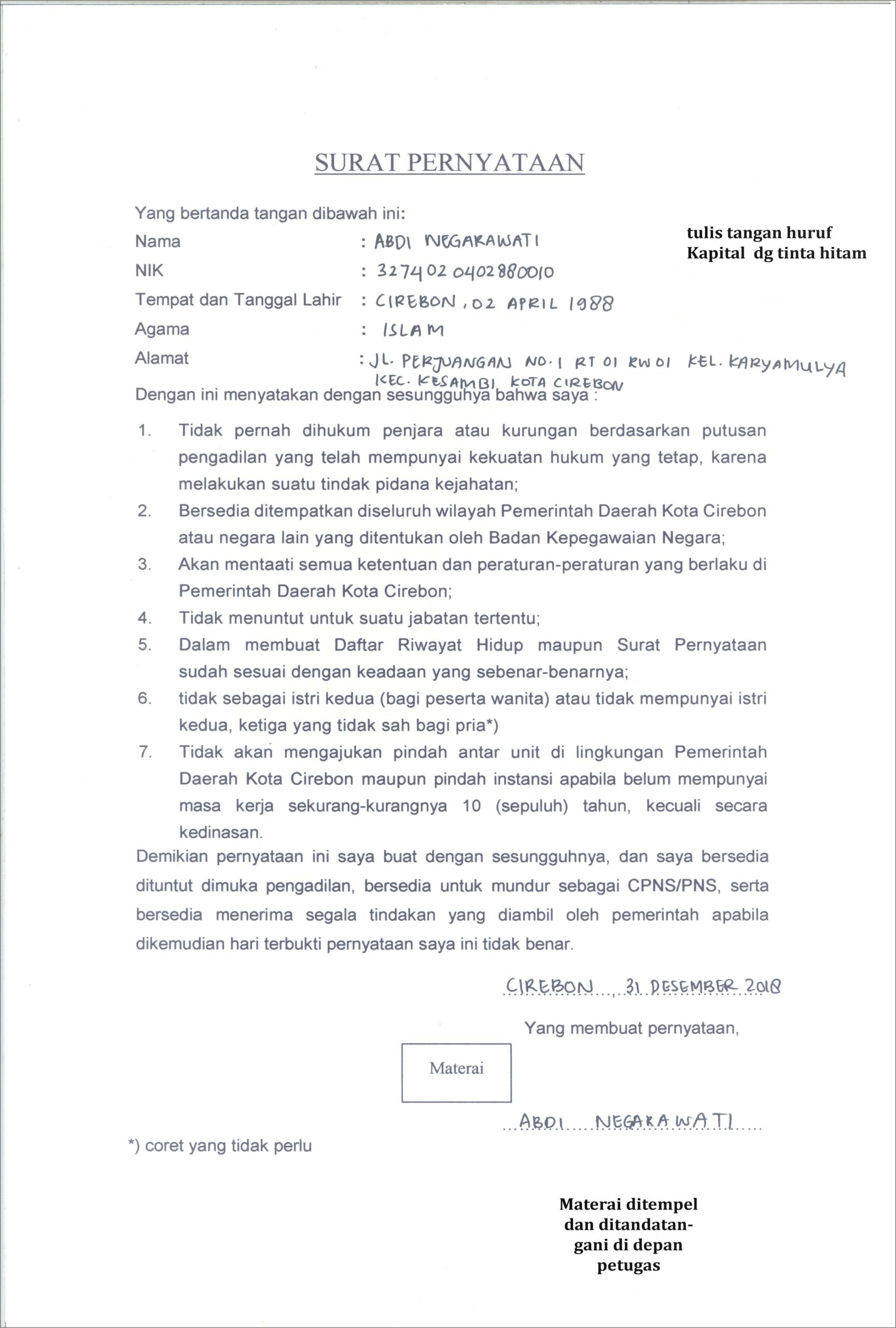 Contoh Surat Pernyataan Pemberkasan Cpns