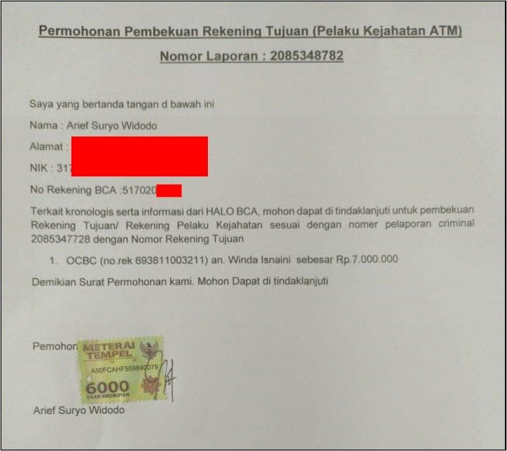 Contoh Surat Pernyataan Pemblokiran Rekening