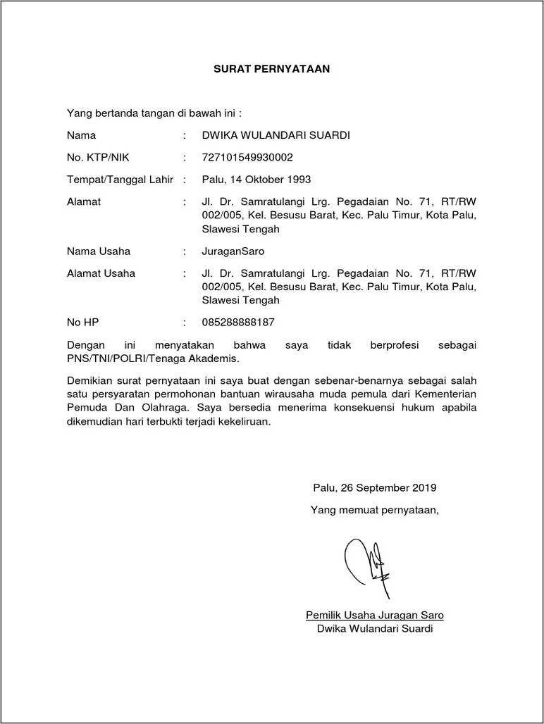 Contoh Surat Pernyataan Pemilik Perusahaan Bukan Pns