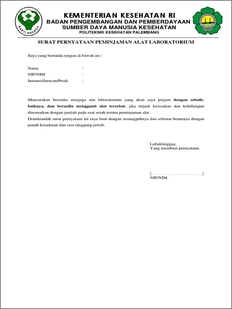 Contoh Surat Pernyataan Peminjaman Alat Laboratorium