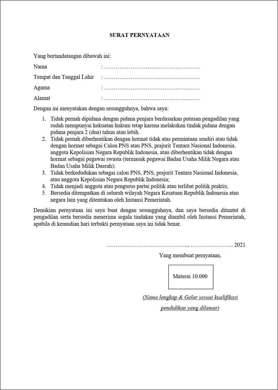 Contoh Surat Pernyataan Pengunduran Diri Anggota Pps