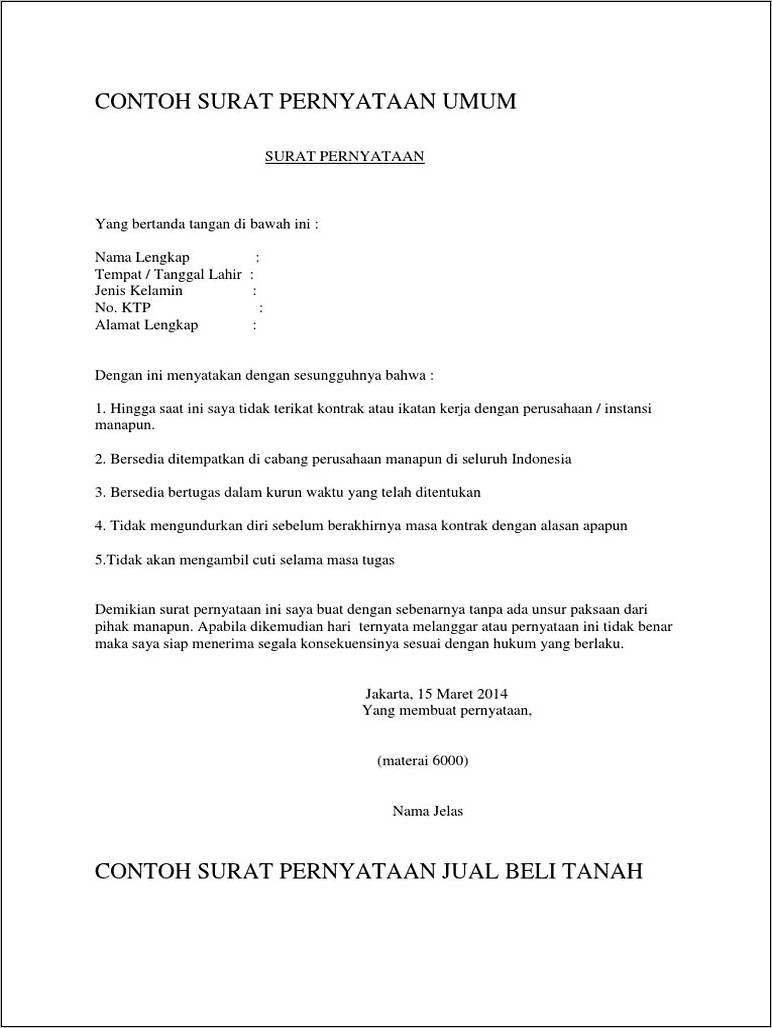 Contoh Surat Pernyataan Penyesalan