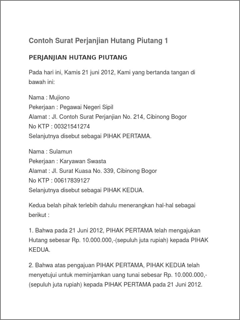 Contoh Surat Pernyataan Perjanjian Hutang