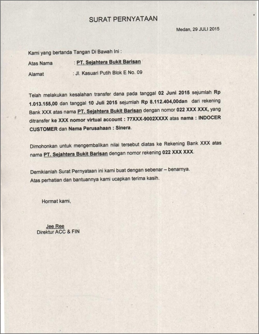 Contoh Surat Pernyataan Salah Transfer Bank Bca