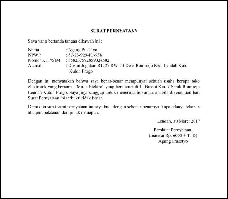 Contoh Surat Pernyataan Untuk Surat Keterangan Usaha