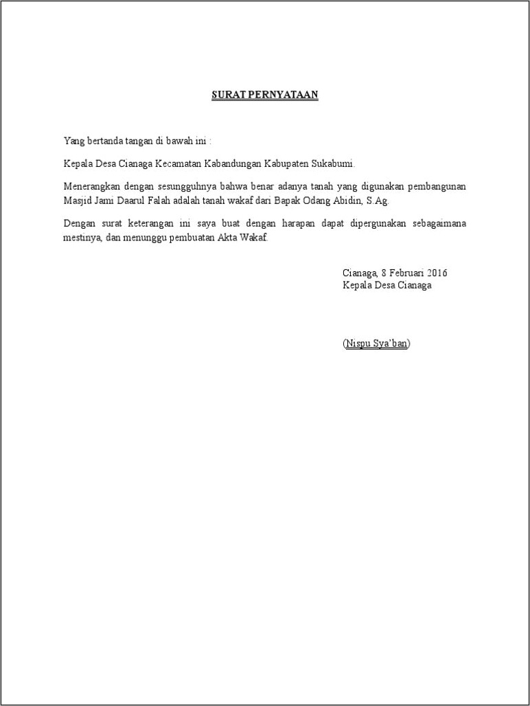 Contoh Surat Pernyataan Wakaf Untuk Mushola