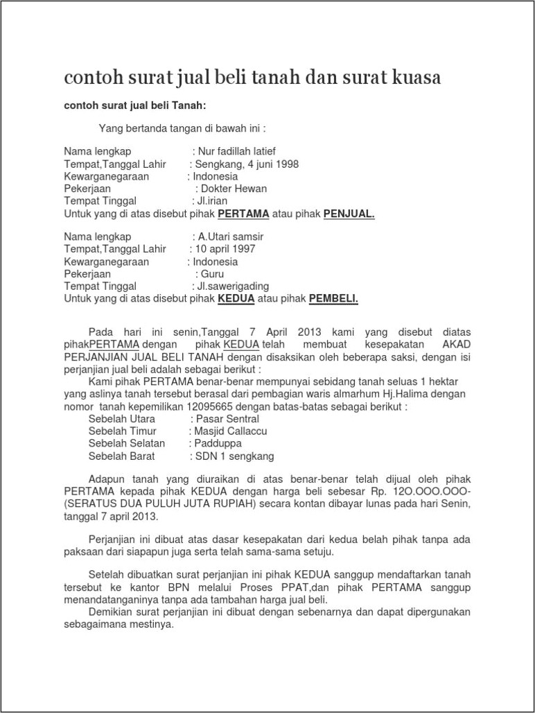 Download Contoh Surat Perjanjian Jual Beli Tanah Doc