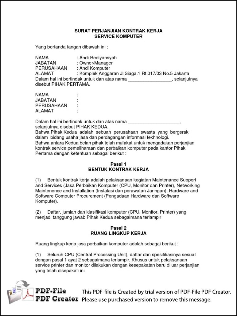 Pdf Contoh Surat Perjanjian