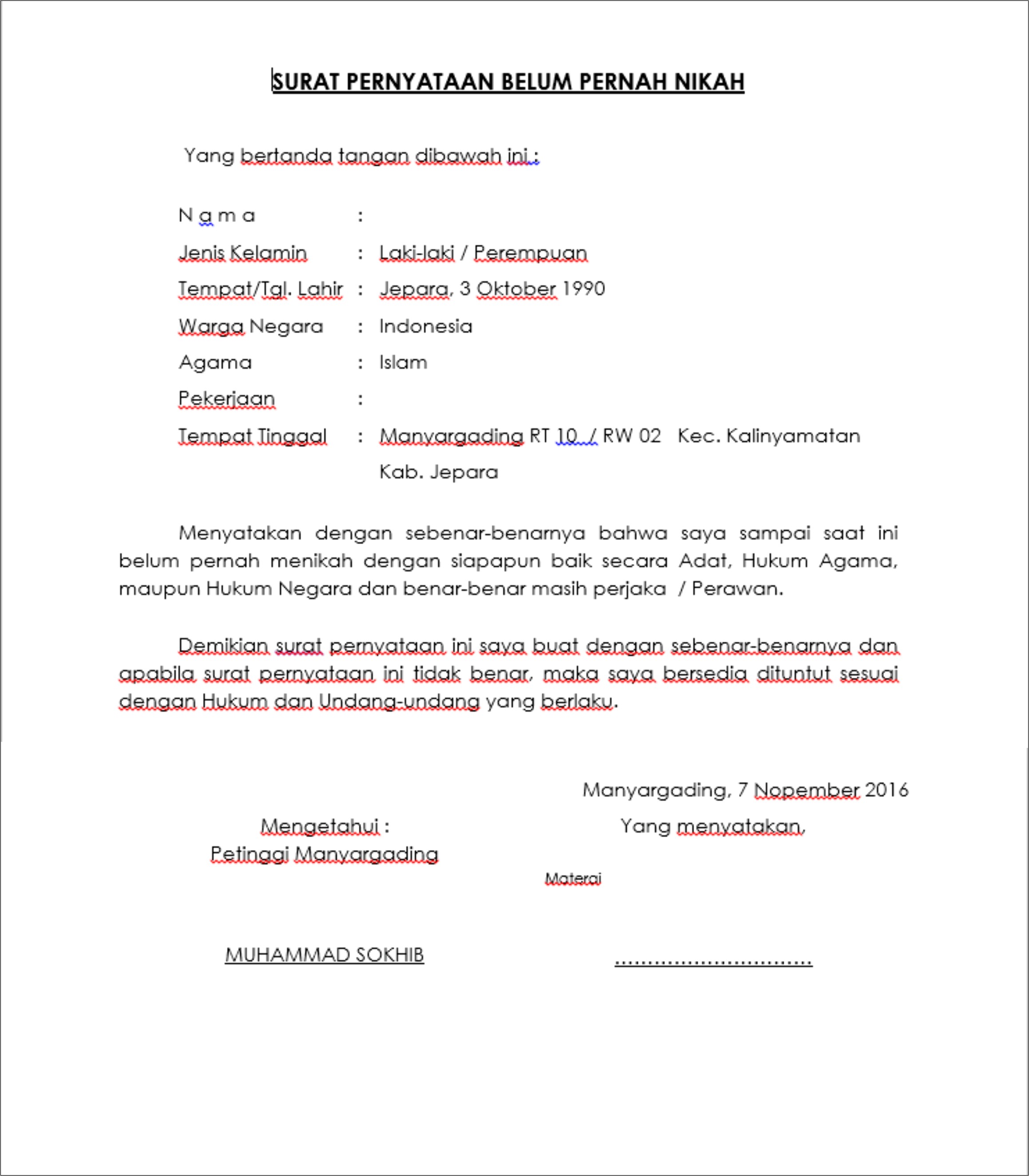 Surat Keterangan Belumnikah Contoh