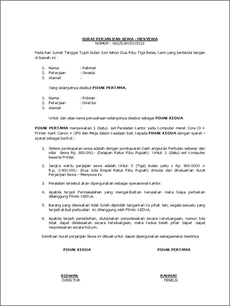 Surat Perjanjian Sewa Contoh Jurnal