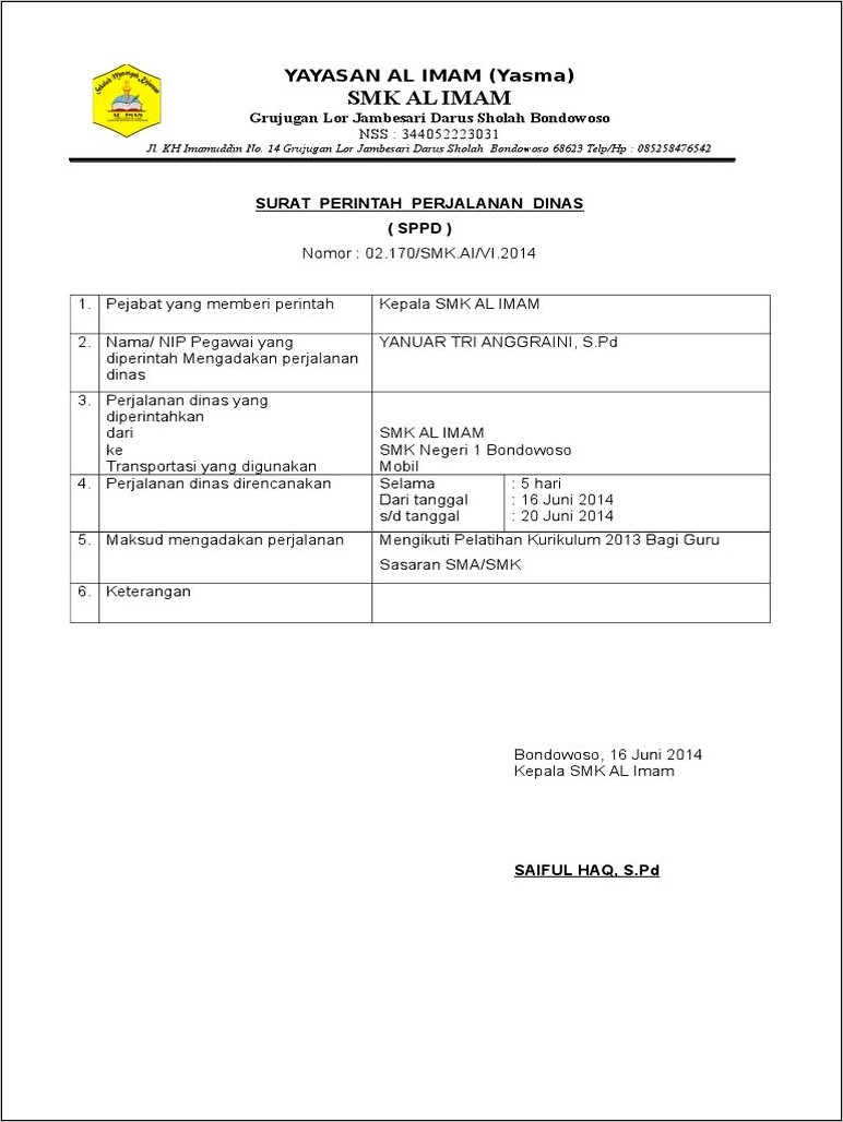 Contoh Cover Area Surat Perintah Perjalanan Dinas