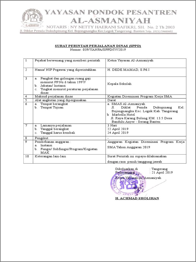 Contoh Form Surat Perjalanan Dinas Perusahaan Swasta