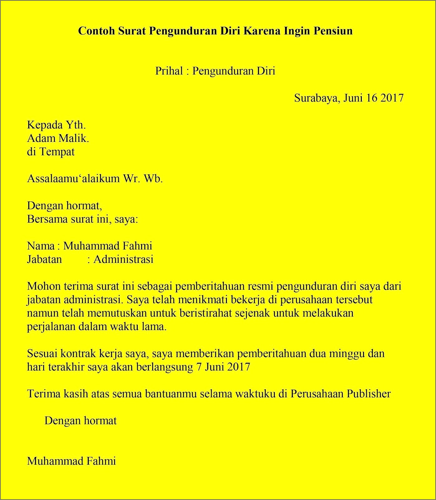 Contoh Format Dan Pengisian Surat Pengunduran Diri Dari Perusahaan