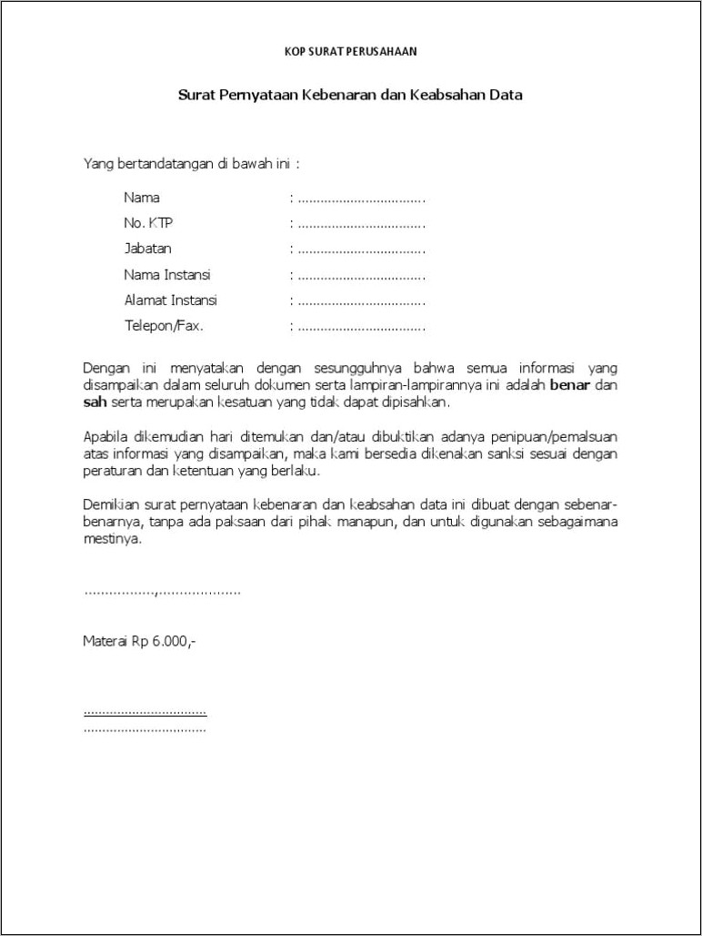 Contoh Format Surat Keabsahan Dokumen Perusahaan