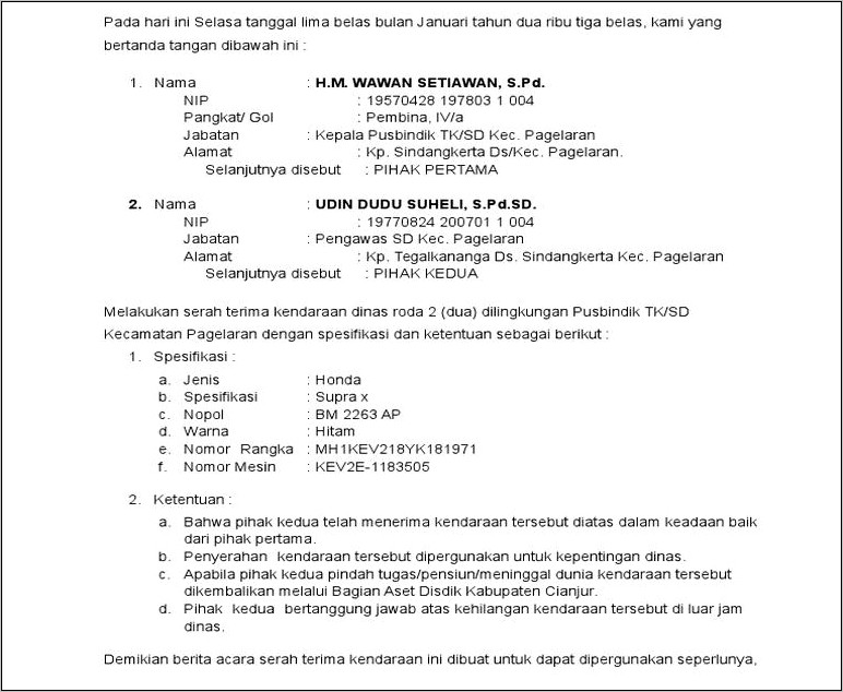 Contoh Format Surat Pengembalian Kendaraan Dinas