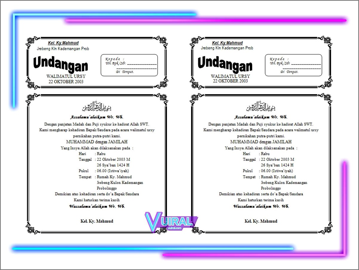 Contoh Isi Surat Undangan Akad Nikah