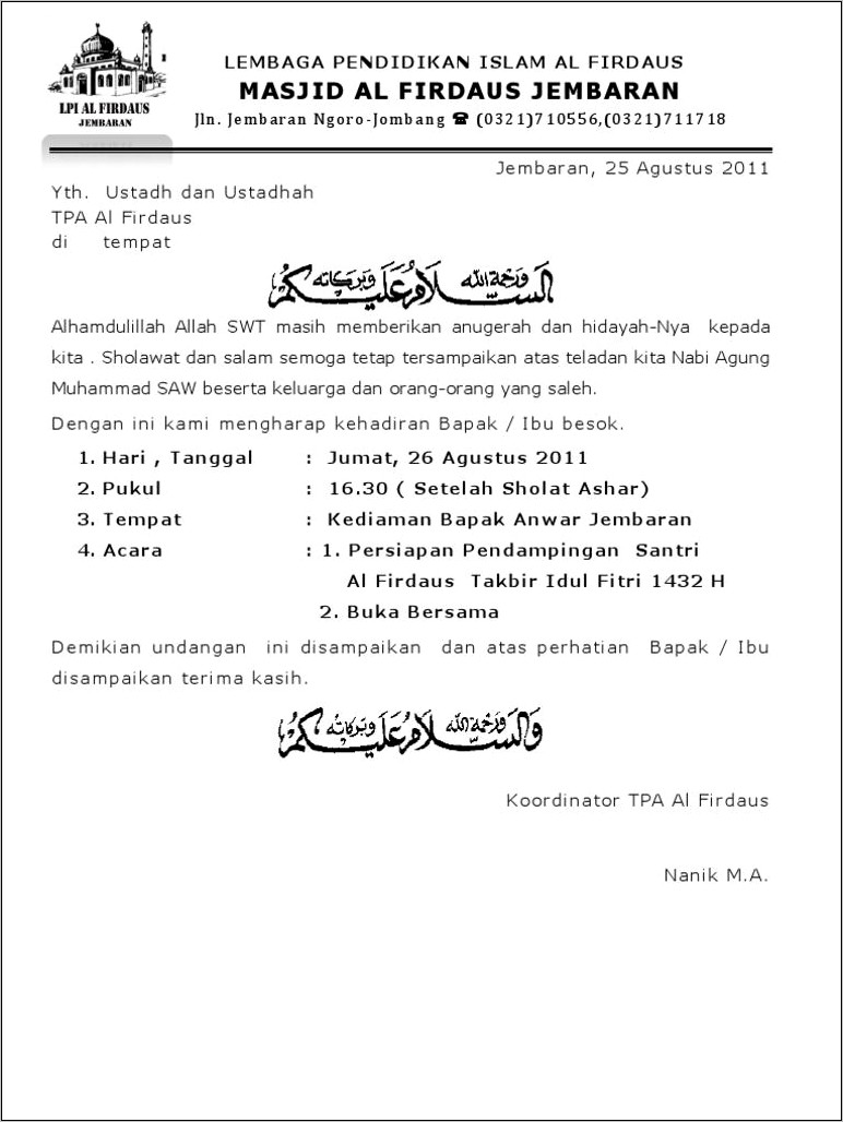 Contoh Lampiran Surat Undangan Buka Puasa