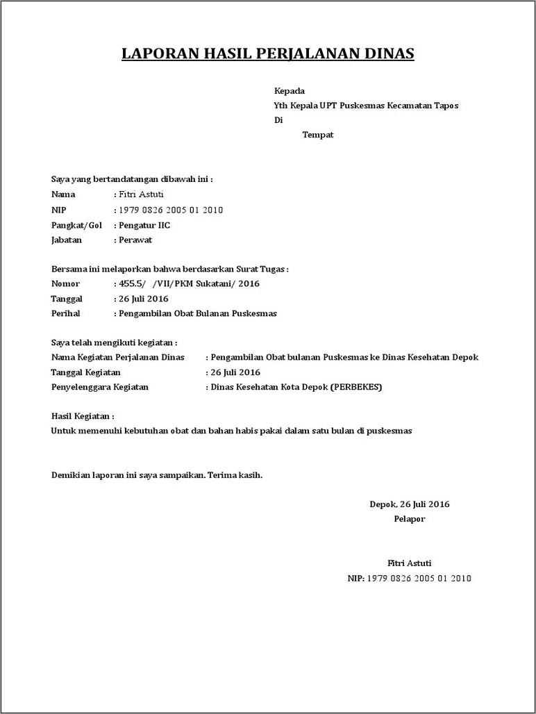 Contoh Laporan Hasil Perjalanan Dinas Pendistibusian Surat