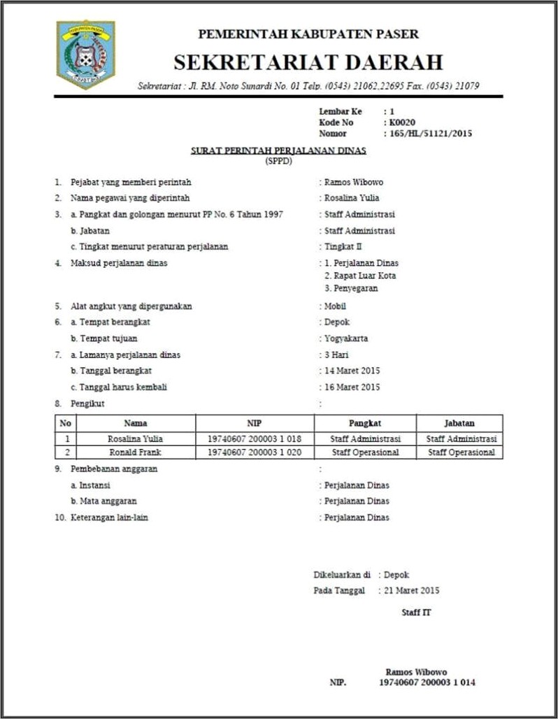 Contoh Nomor Penulisan Nomor Surat Perjalanan Dinas