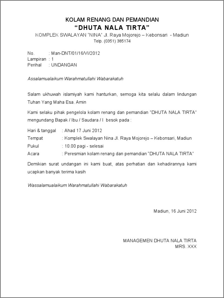 Contoh Pembukaan Surat Undangan