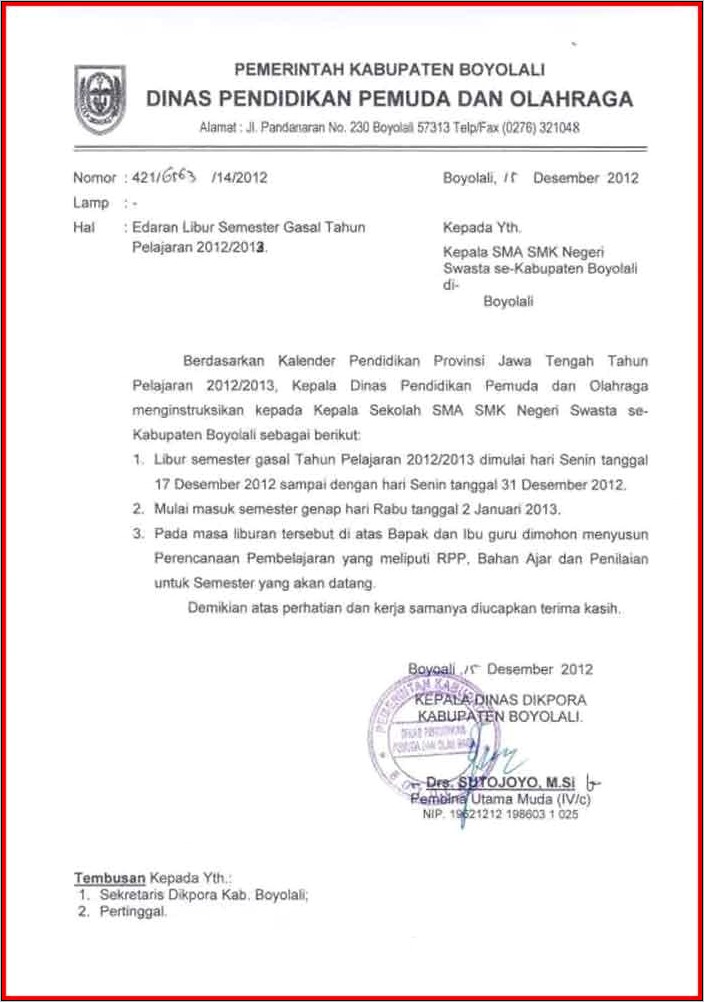 Contoh Penulisan Tembusan Surat Dinas