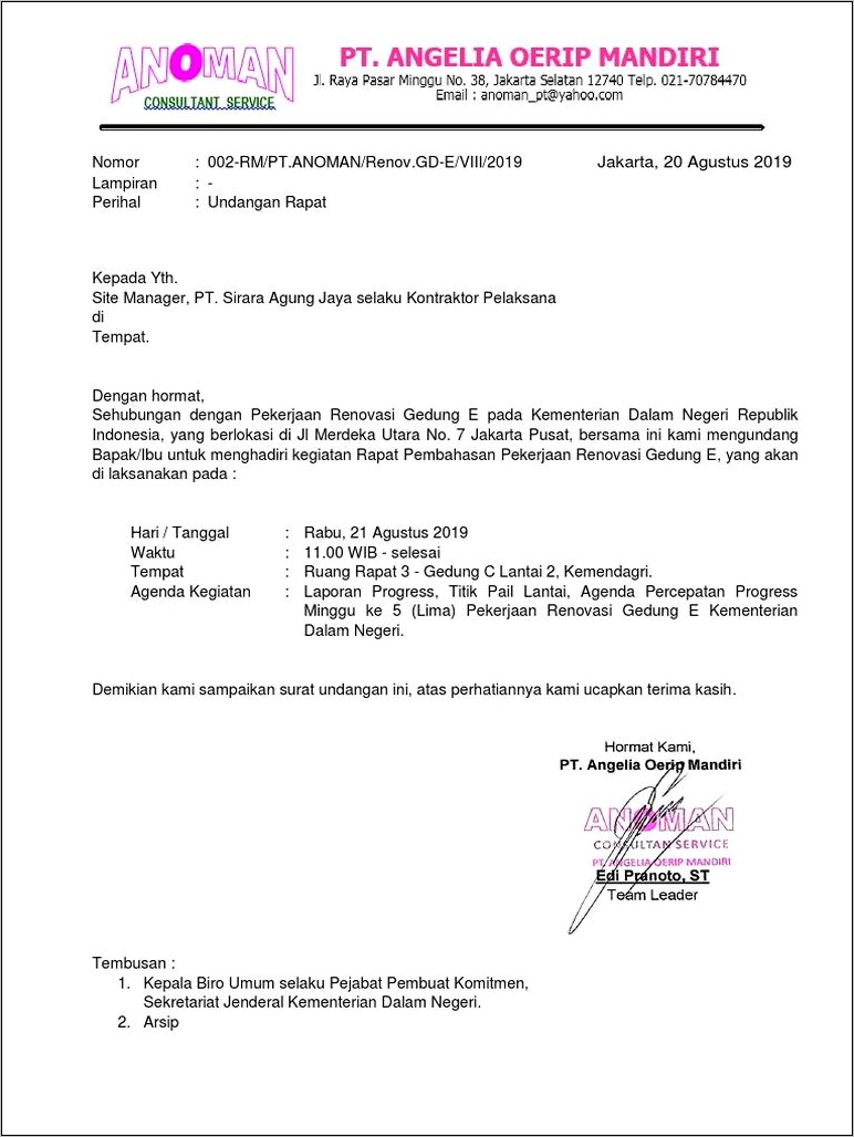 Contoh Redaksional Surat Undangan Rapat