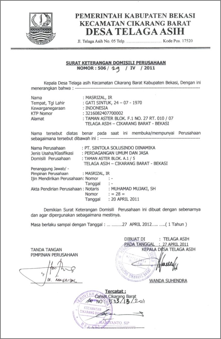 Contoh Surat Akte Pendirian Perusahaan Dari Notaris Setempat Pt Cv