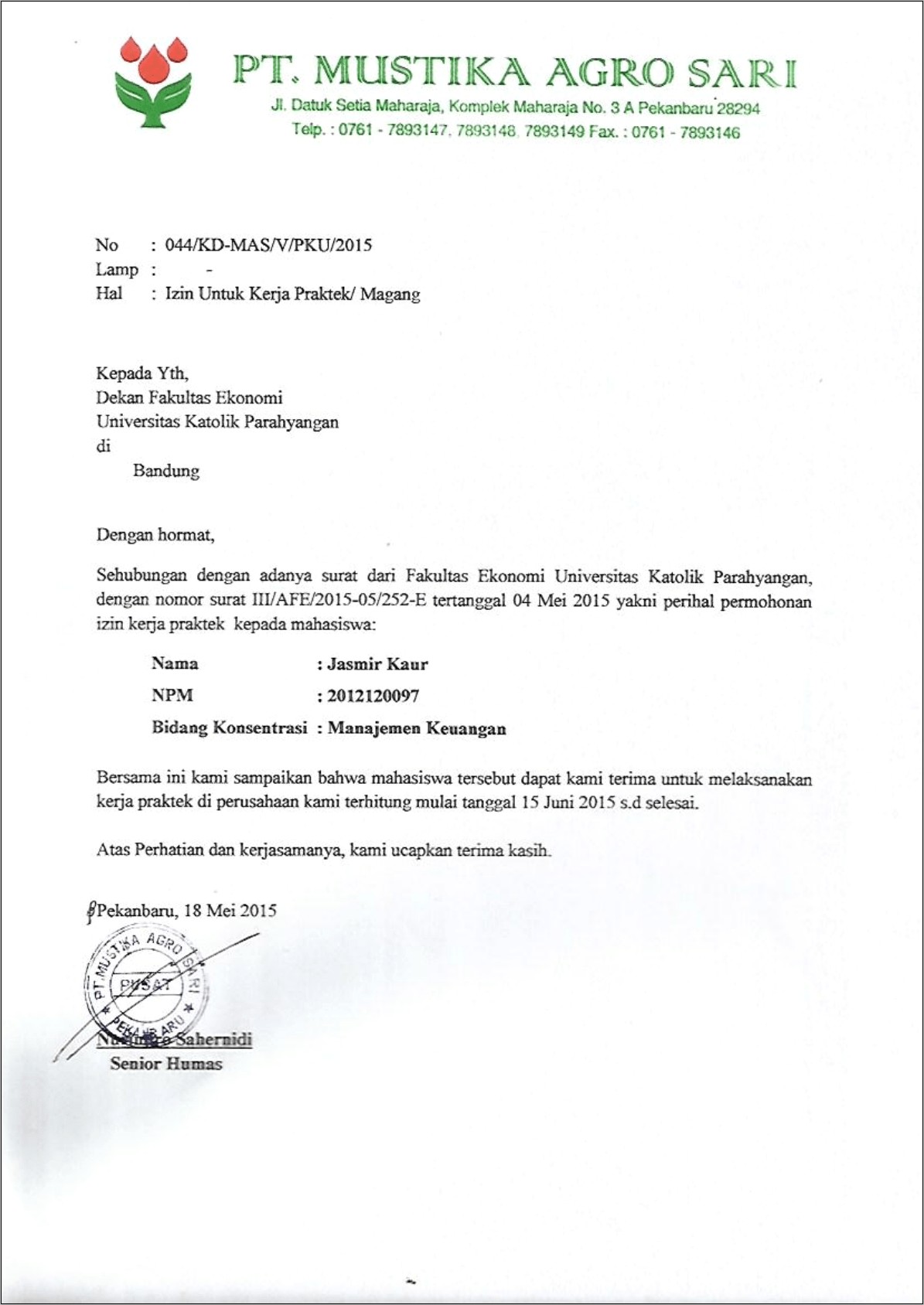 Contoh Surat Balasan Dari Perusahaan Doc