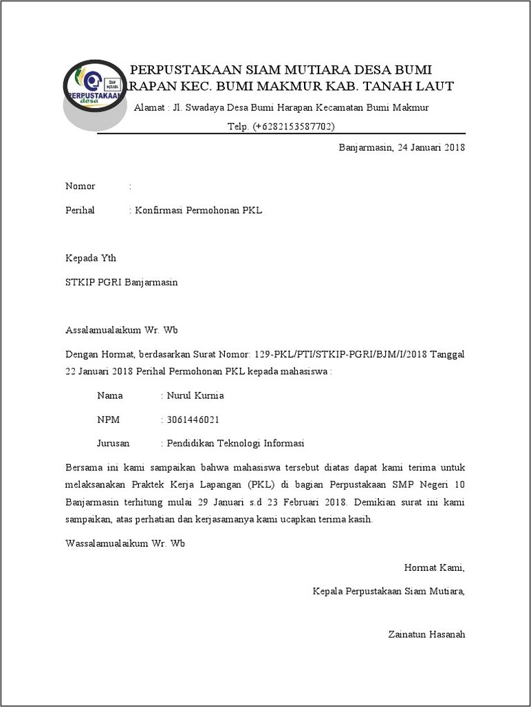 Contoh Surat Balasan Magang Dari Perusahaan Untuk Kampus