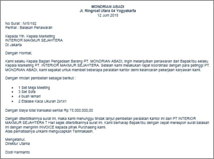 Contoh Surat Balasan Persetujuan Pribadi Perusahaan