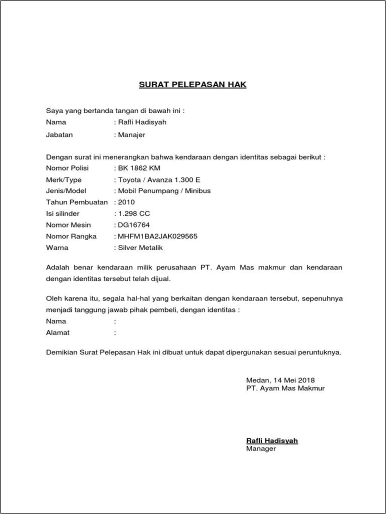 Contoh Surat Balik Nama Motor Dari Perusahaan