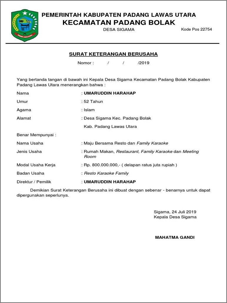 Contoh Surat Berusaha